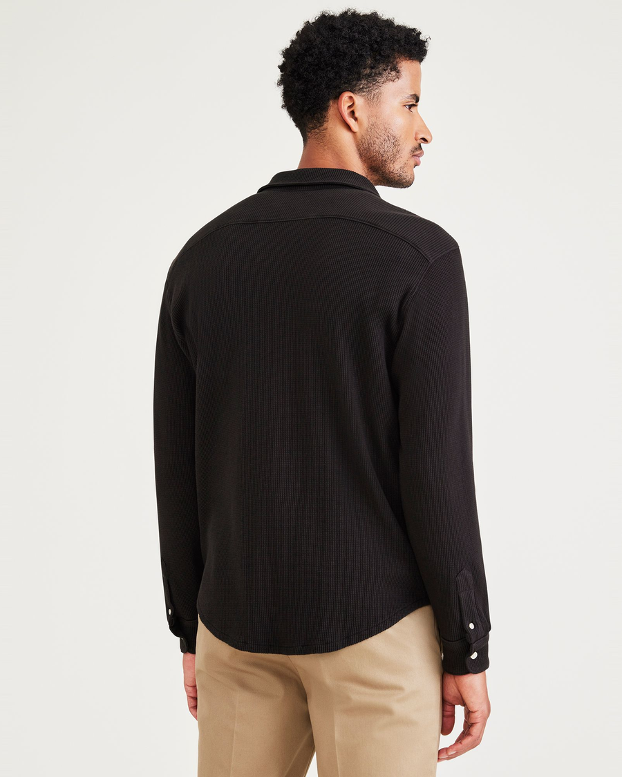 Back view of model wearing Black Bean Knit Button-Up Shirt, Regular Fit.