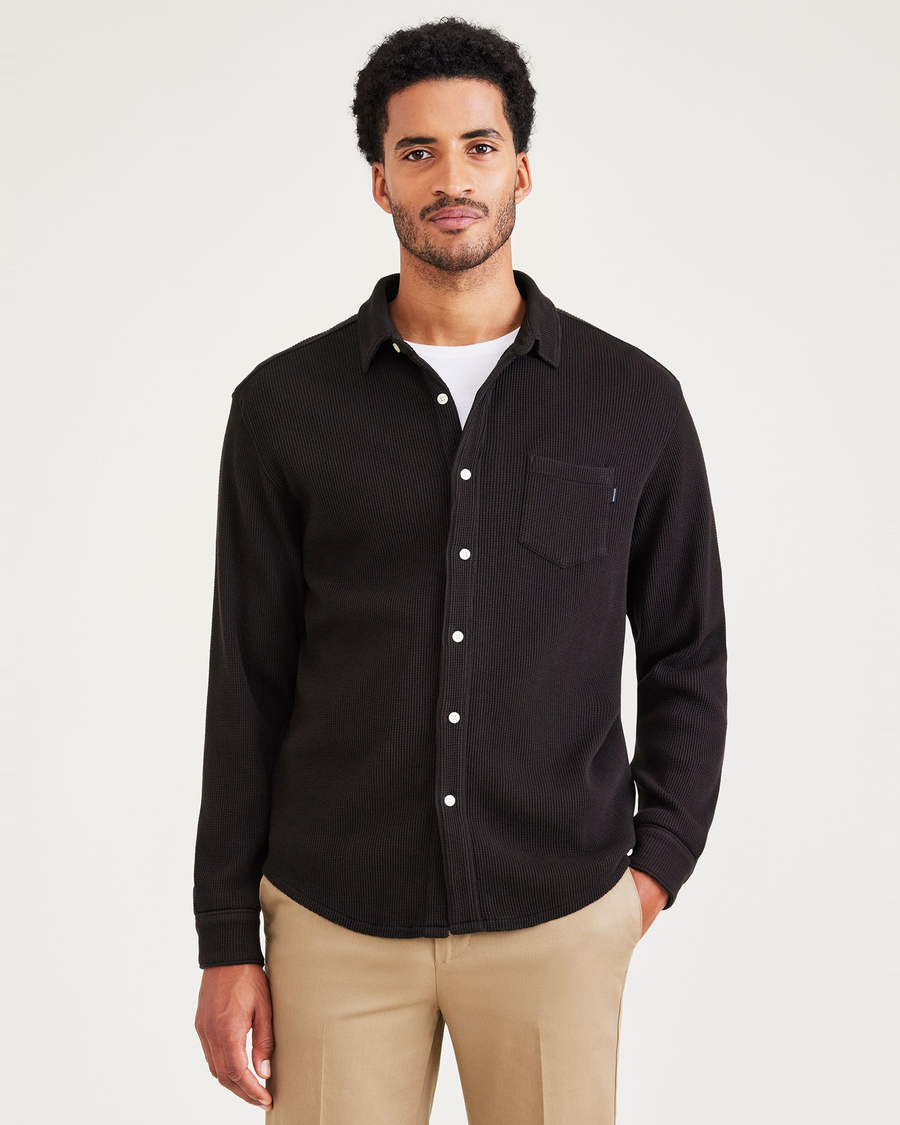Front view of model wearing Black Bean Knit Button-Up Shirt, Regular Fit.
