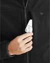 View of model wearing Black Chest Yoke Softshell Jacket.