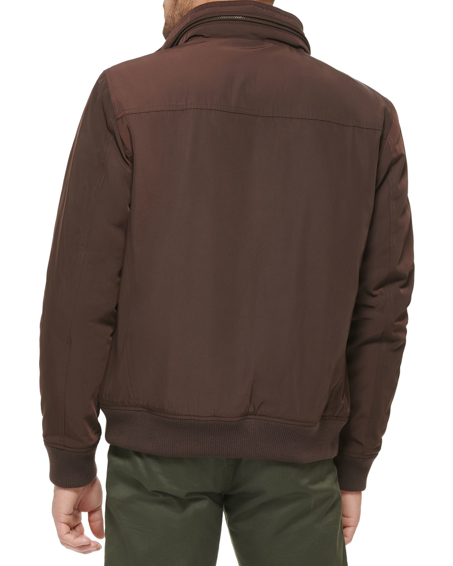 Back view of model wearing Black Coffee Polytwill 2-Pocket Military Bomber Jacket.