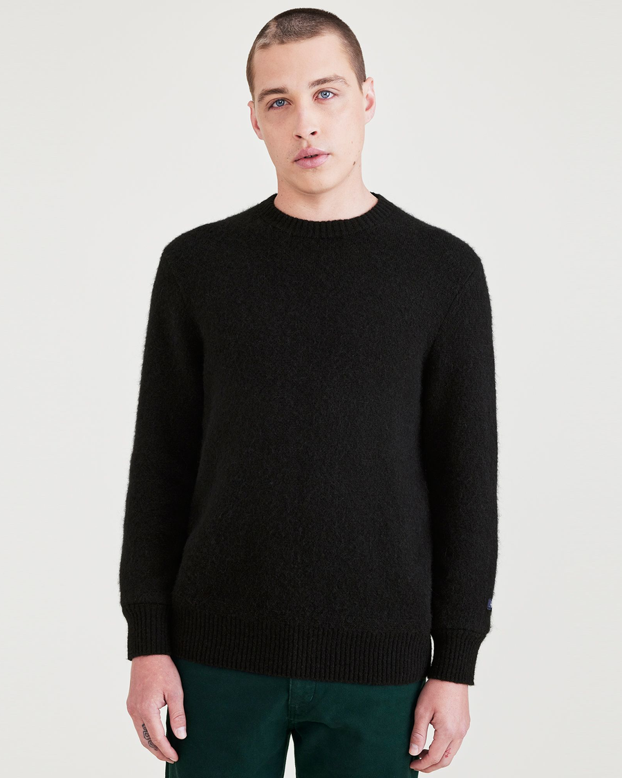 Front view of model wearing Black Crafted Sweater, Regular Fit.