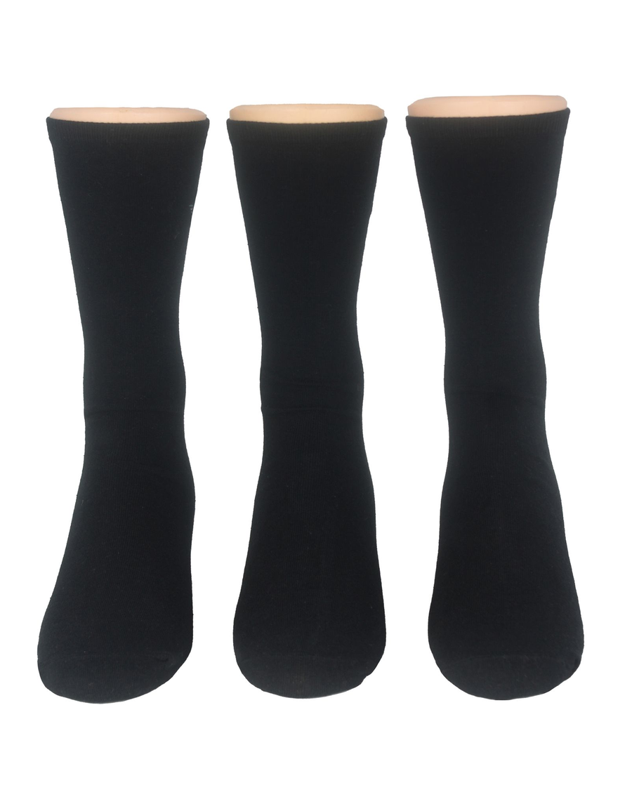Back view of  Black Flat Knit Crew Socks with Embroidery, 3 Pack.