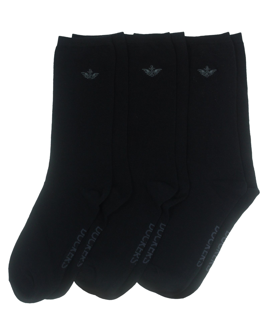 Front view of  Black Flat Knit Crew Socks with Embroidery, 3 Pack.