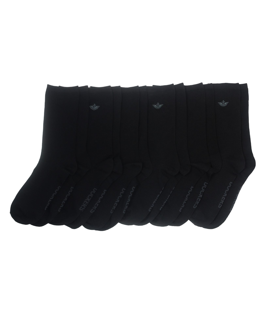 Front view of  Black Flat Knit Crew Socks with Embroidery, 6 Pack.