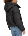 View of model wearing Black Hooded Matte Bubble Puffer Jacket.