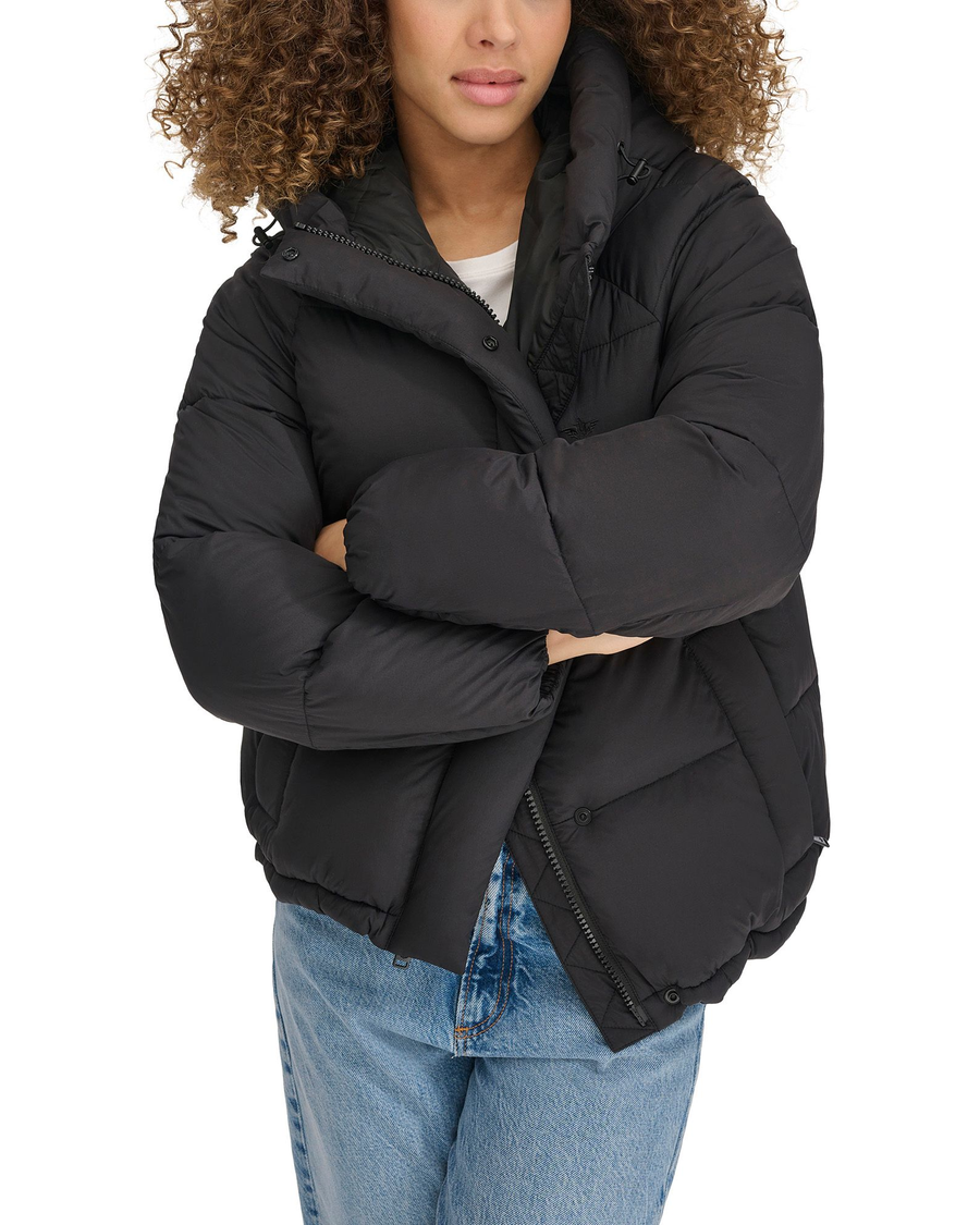 View of model wearing Black Hooded Matte Bubble Puffer Jacket.