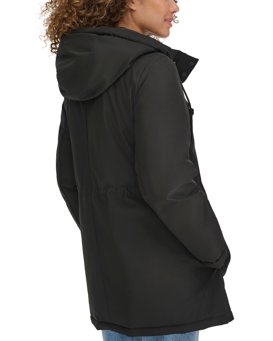 View of model wearing Black Hooded Parka.