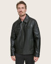 View of model wearing Black James Dean Leather Jacket.