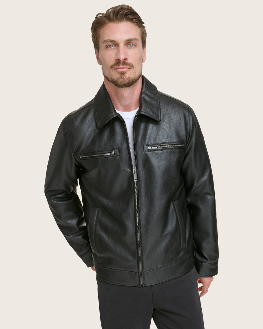 View of model wearing Black James Dean Leather Jacket.