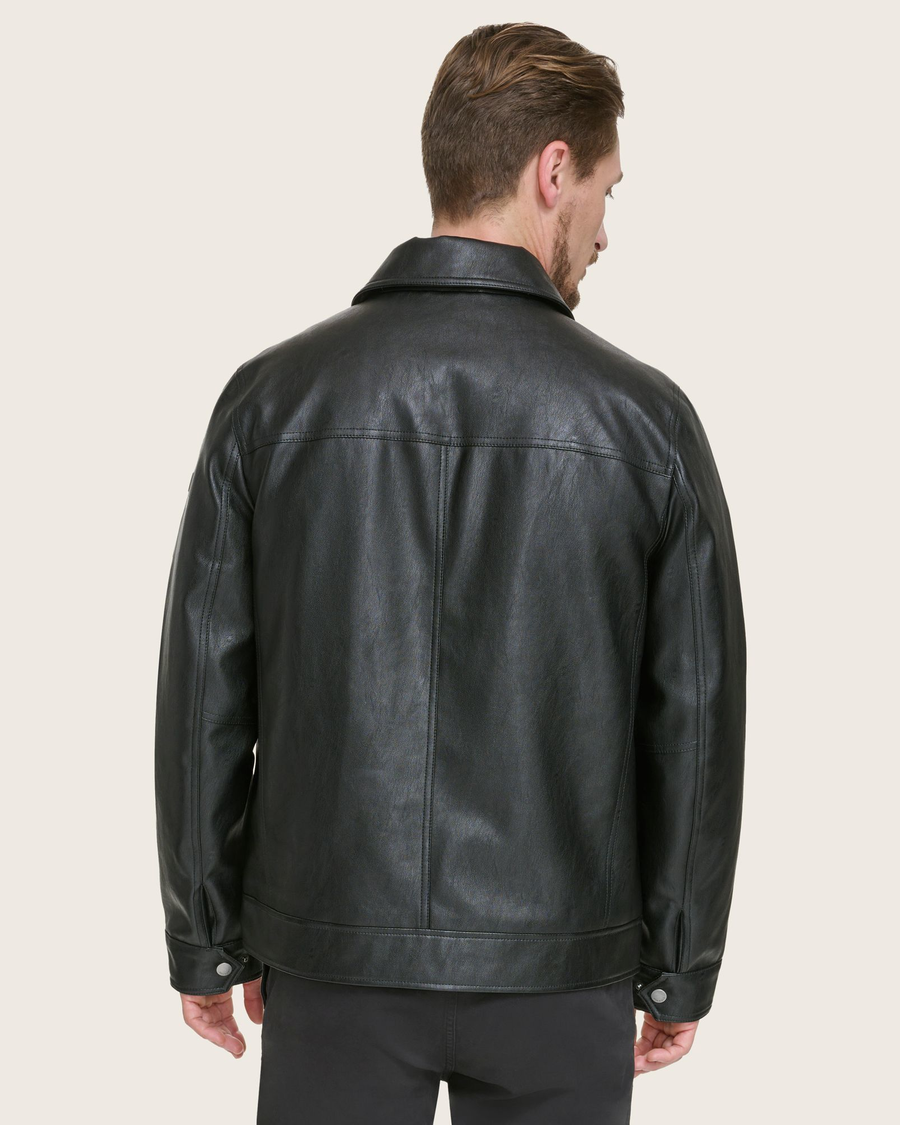Back view of model wearing Black James Dean Leather Jacket.