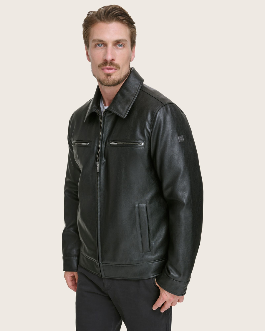 Side view of model wearing Black James Dean Leather Jacket.