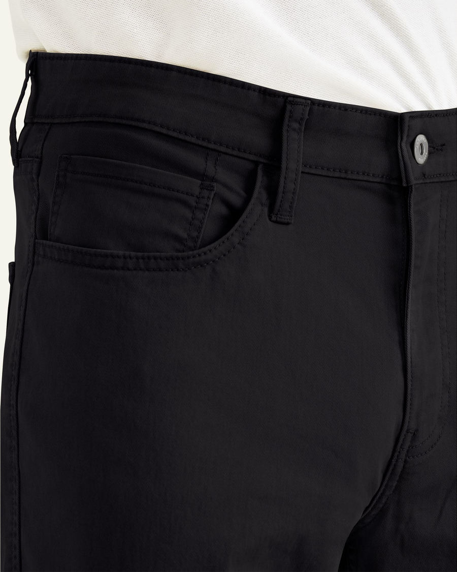 View of model wearing Black Jean Cut Pants, Straight Fit.