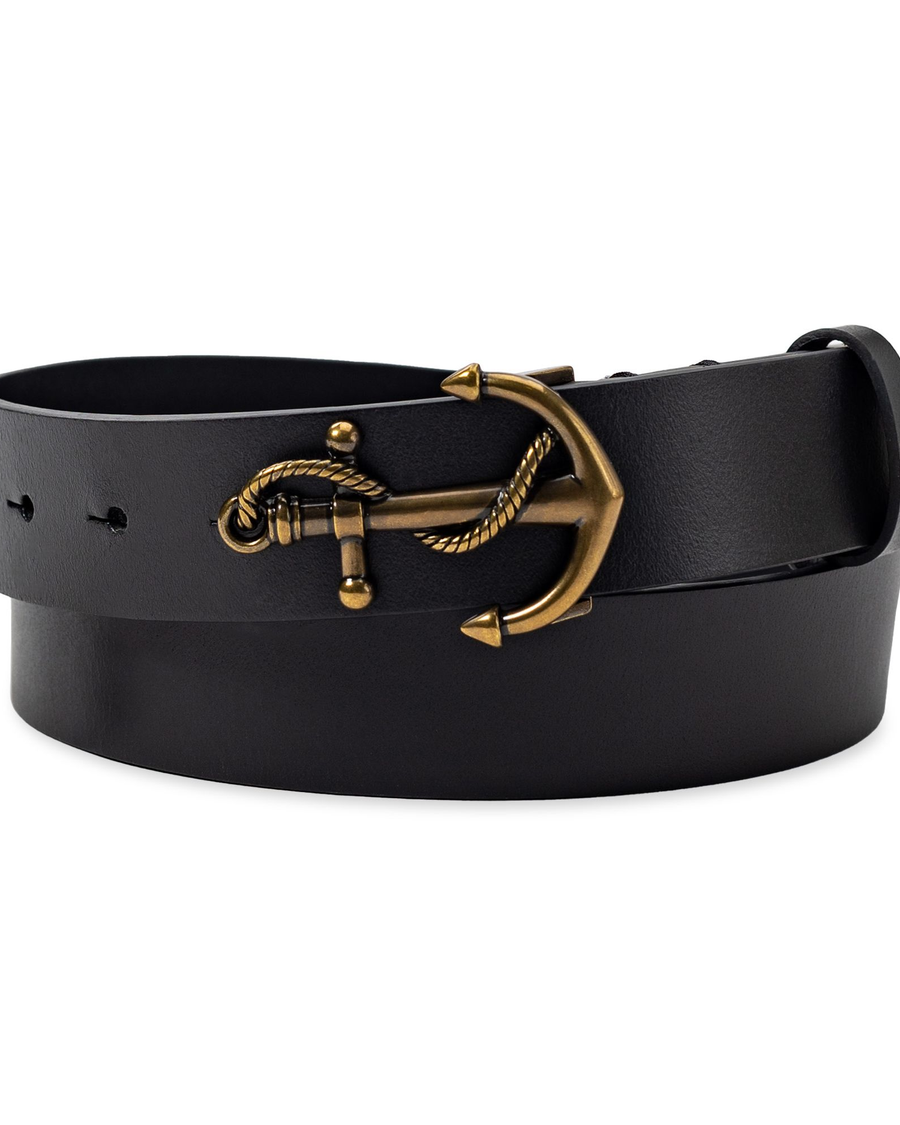 View of  Black Leather Bridle Belt with Anchor Plaque, 35 MM.