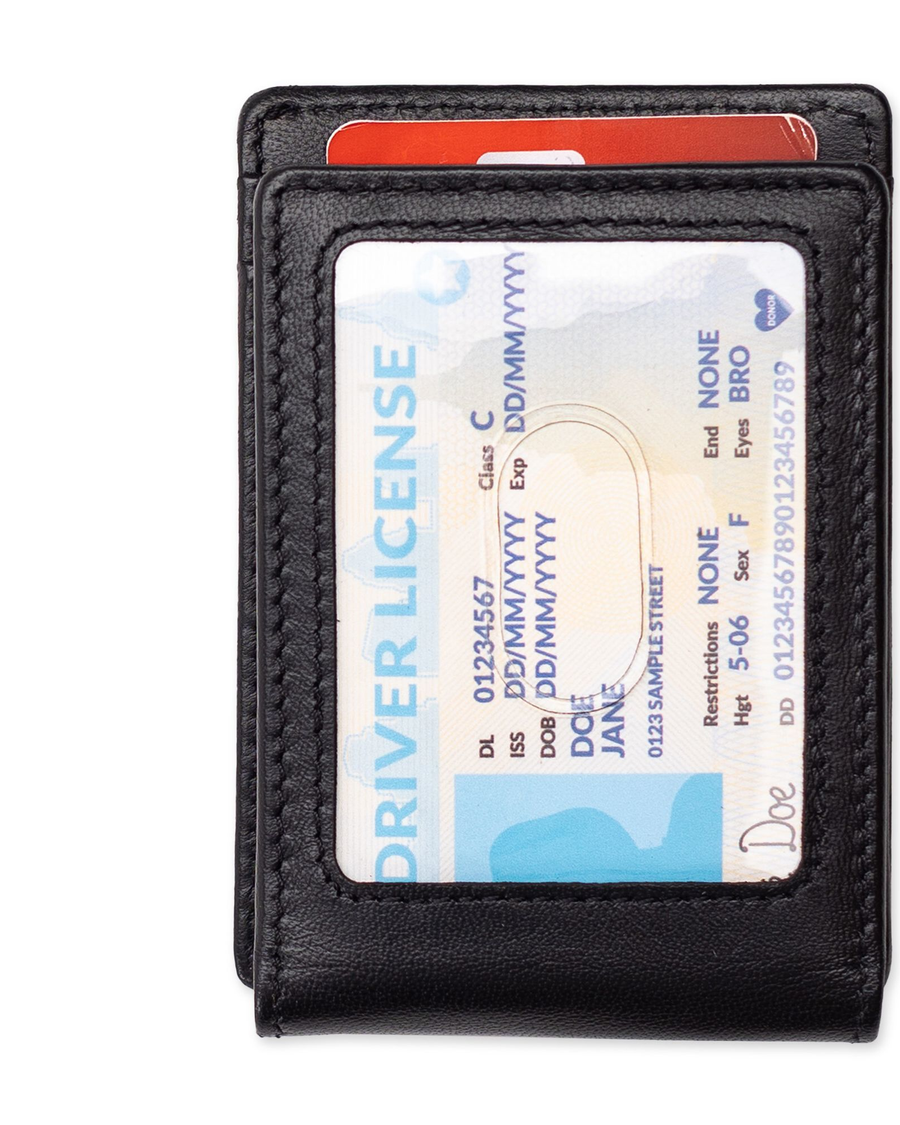 View of  Black Leather RFID Wide Magnetic FPW Wallet.