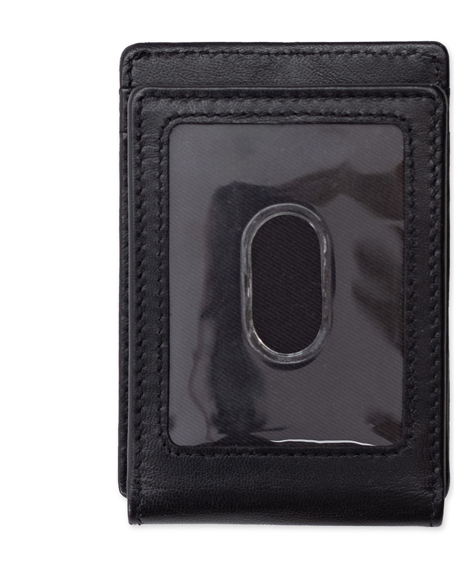 View of  Black Leather RFID Wide Magnetic FPW Wallet.