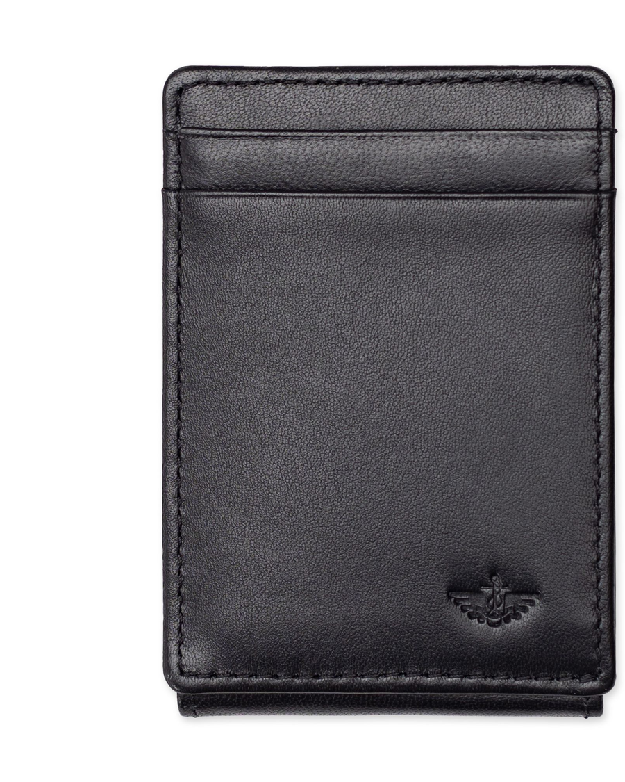 View of  Black Leather RFID Wide Magnetic FPW Wallet.