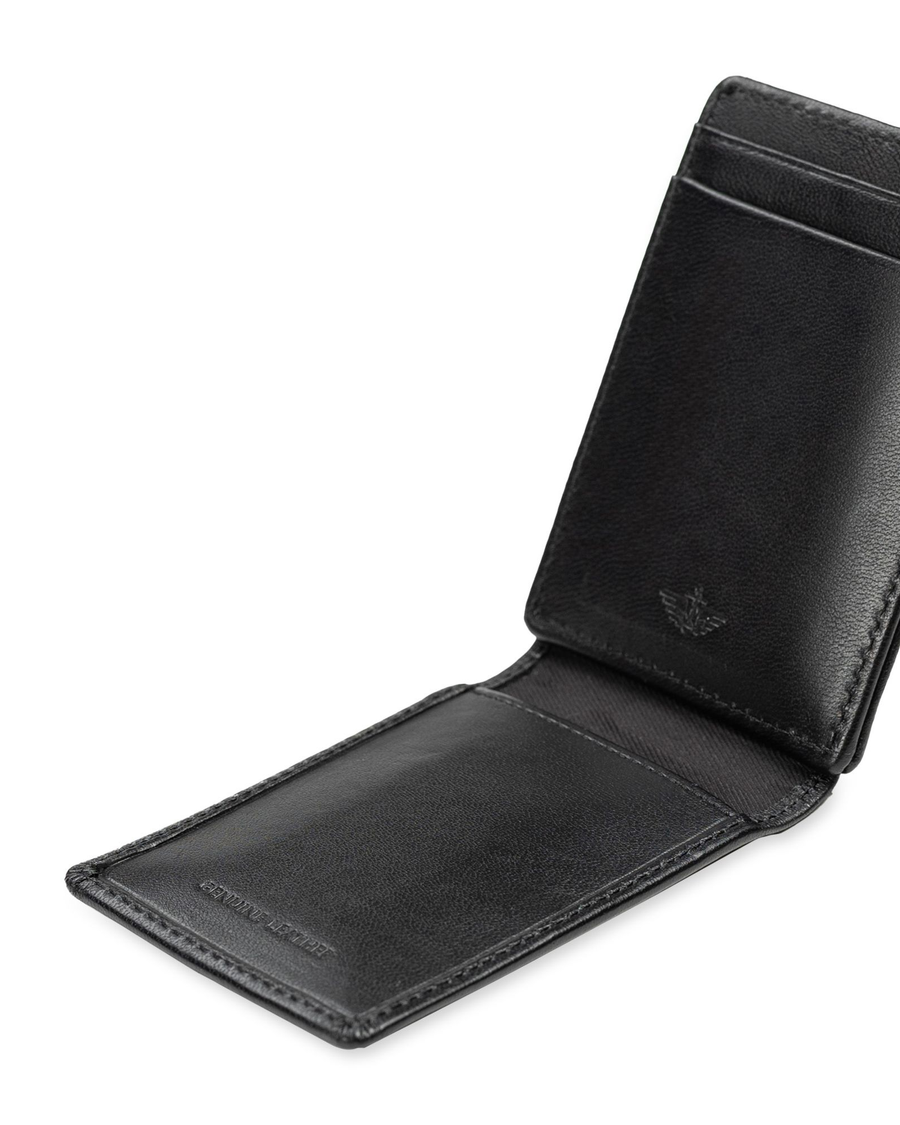 View of  Black Leather RFID Wide Magnetic FPW Wallet.