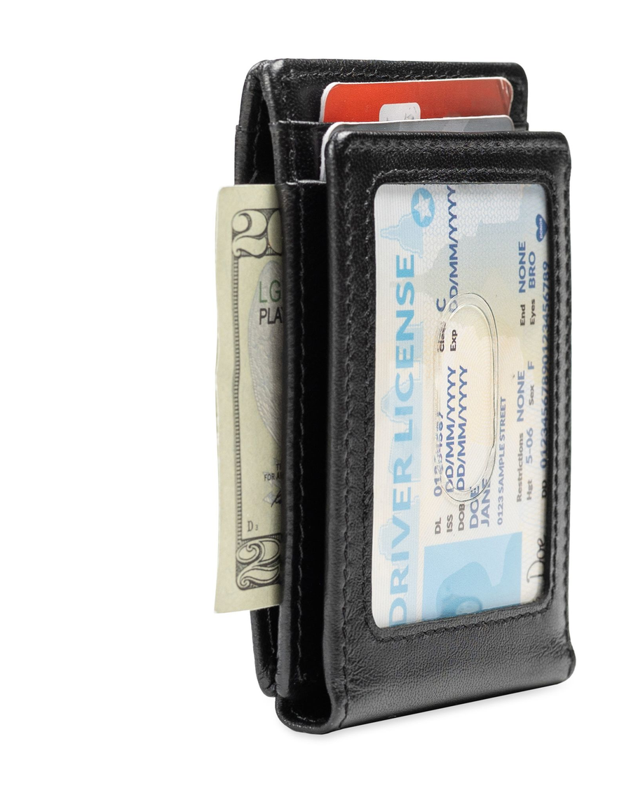 View of  Black Leather RFID Wide Magnetic FPW Wallet.