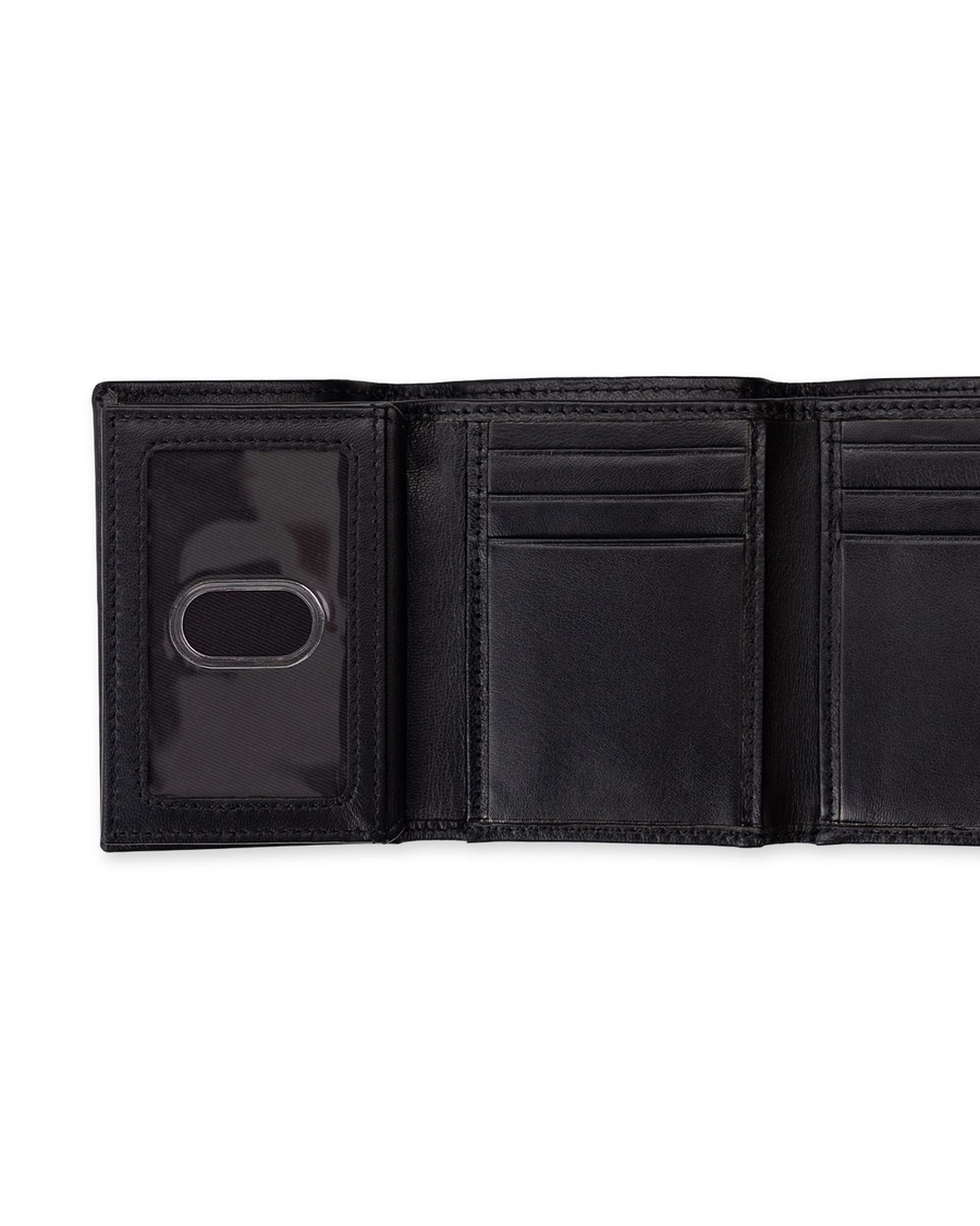 View of  Black Leather RFID X-Cap Trifold Wallet.