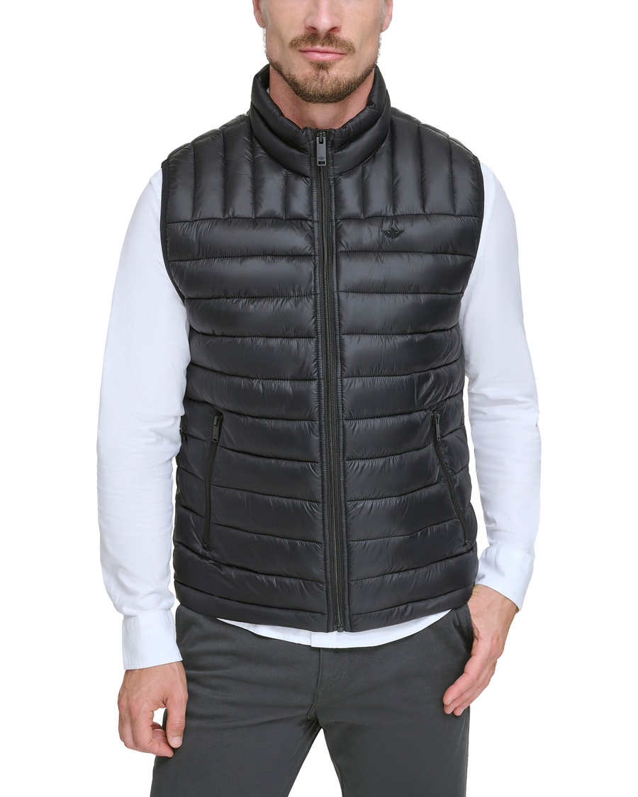 View of model wearing Black Lightweight Nylon Packable Vest.