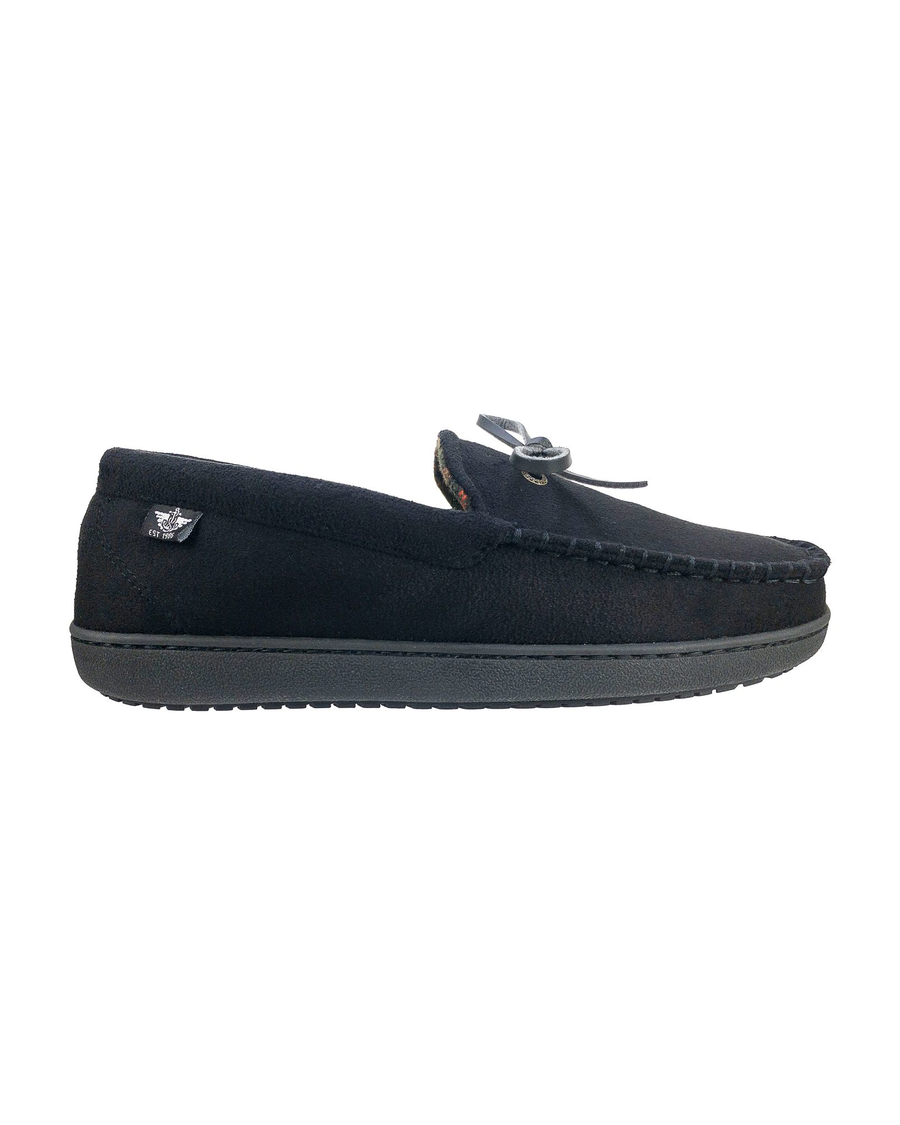 View of  Black Microsuede Boater Moccasin Slippers.