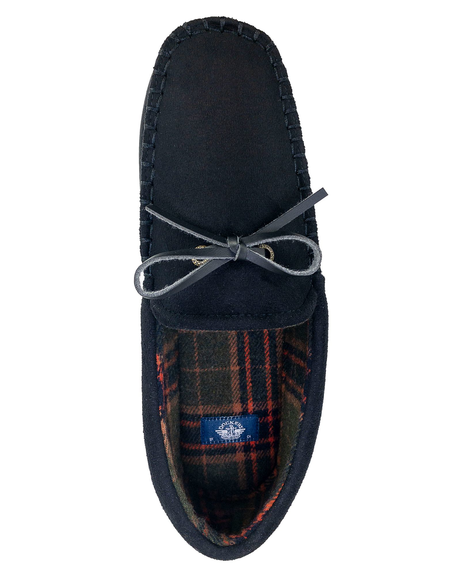 View of  Black Microsuede Boater Moccasin Slippers.