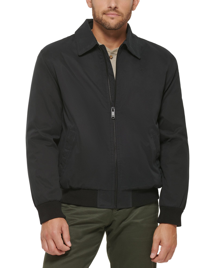 View of model wearing Black Microtwill Relaxed Laydown Collar Bomber.