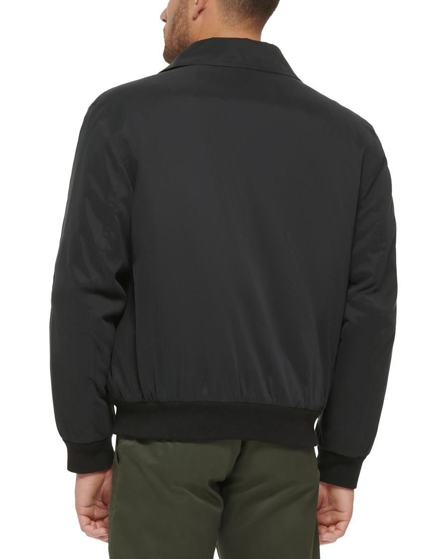 View of model wearing Black Microtwill Relaxed Laydown Collar Bomber.