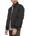 View of model wearing Black Microtwill Relaxed Laydown Collar Bomber.