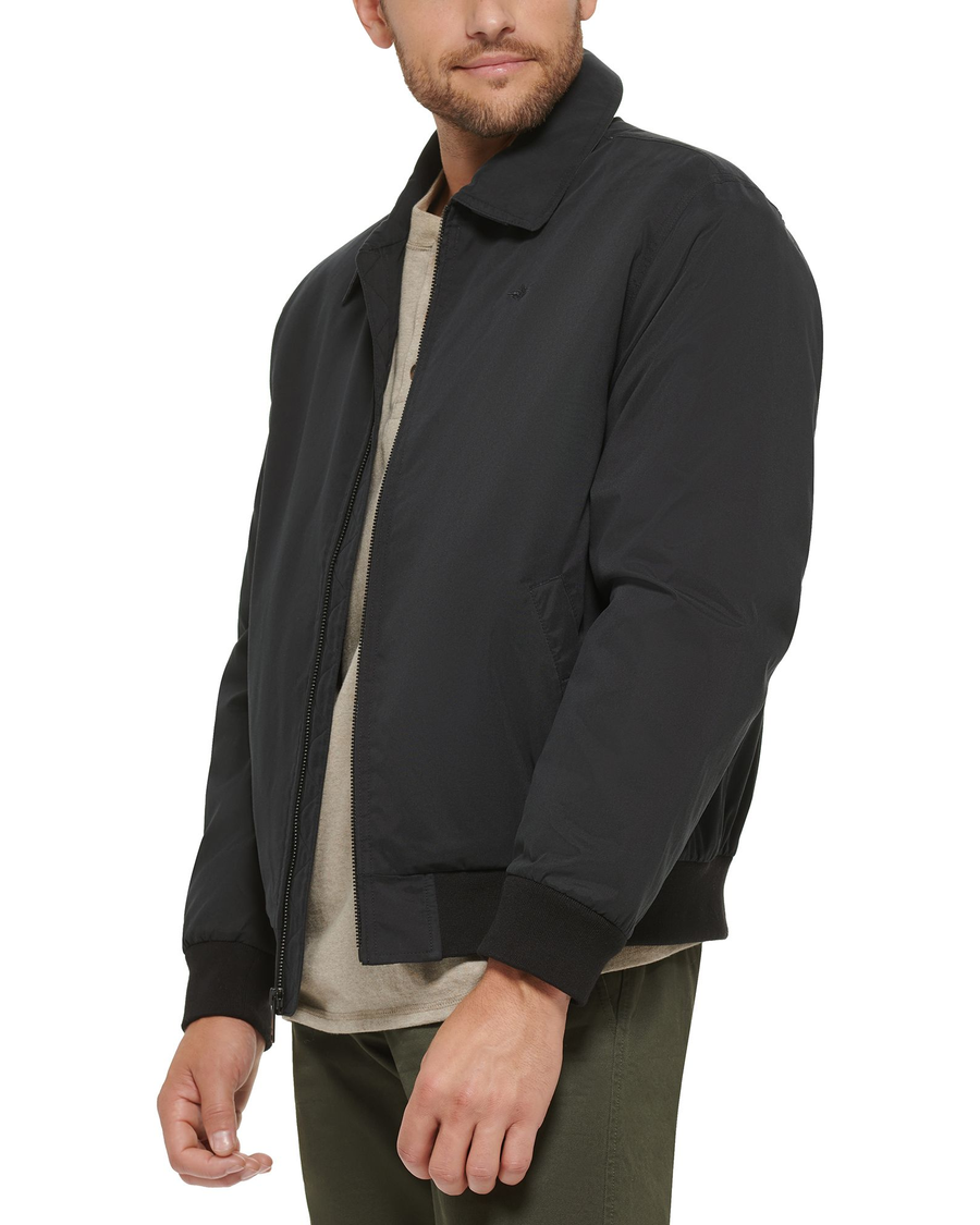 View of model wearing Black Microtwill Relaxed Laydown Collar Bomber.