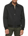 Front view of model wearing Black Microtwill Relaxed Laydown Collar Bomber.