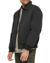 Side view of model wearing Black Microtwill Relaxed Laydown Collar Bomber.