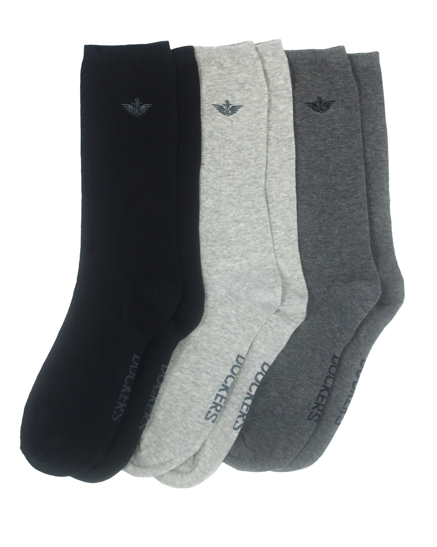 Front view of  Black Multi Flat Knit Crew Socks with Embroidery, 3 Pack.