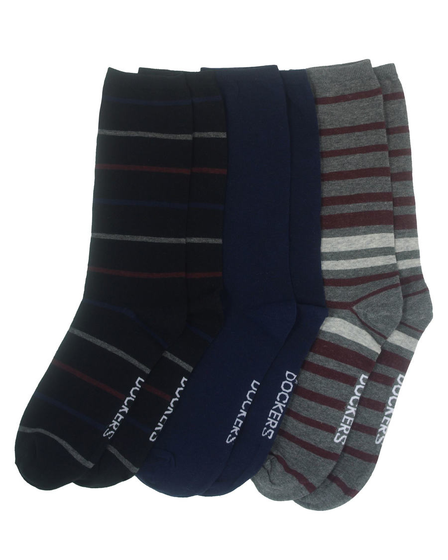 Front view of  Black Multi Flat Knit Crew Socks with Pattern, 3 Pack.