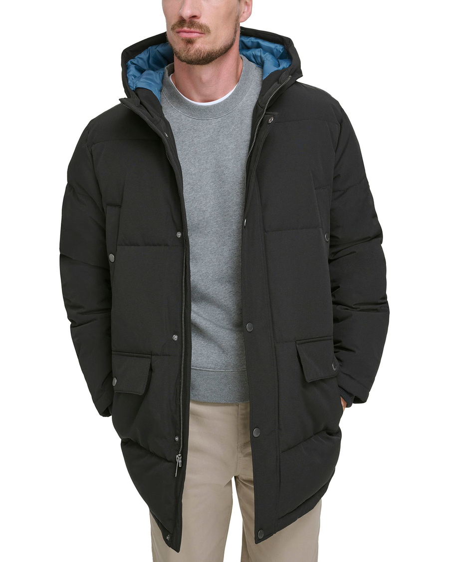View of model wearing Black Quilted Arctic Hooded Parka.