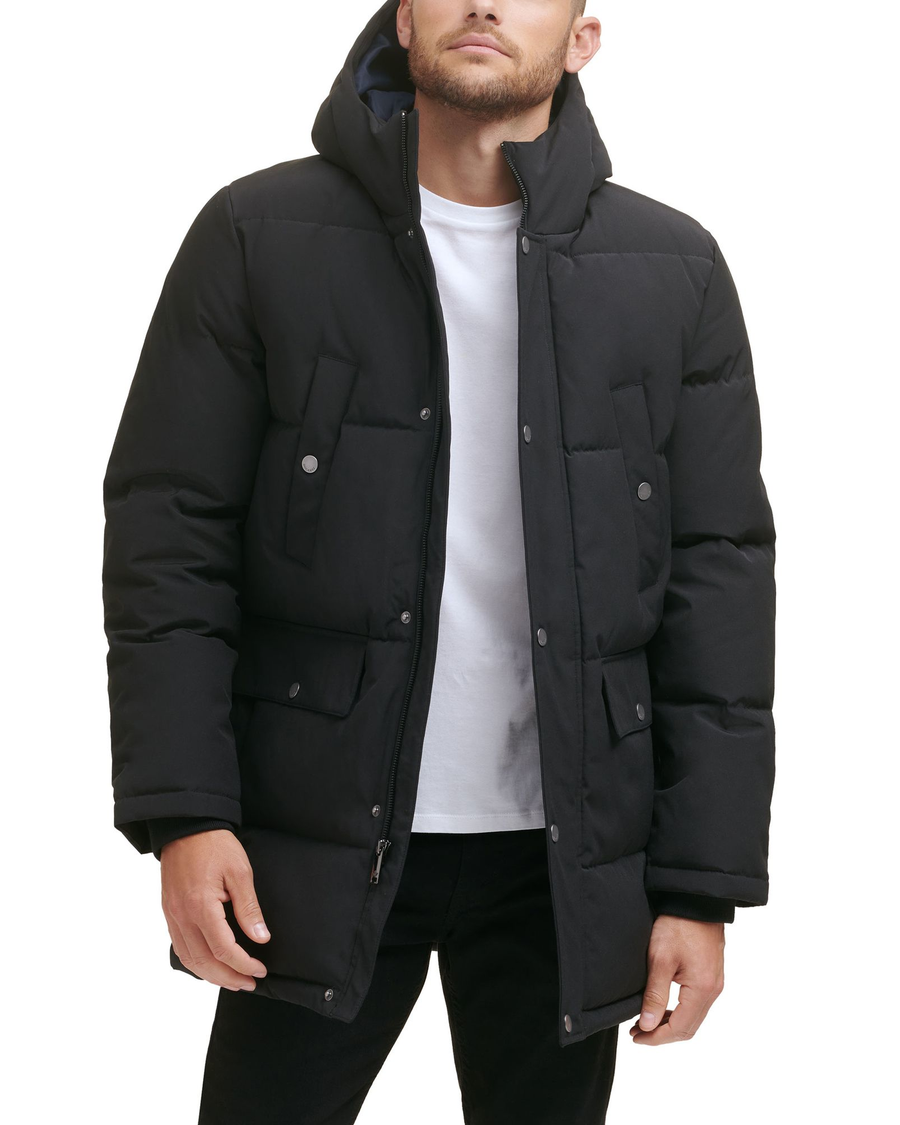 Front view of model wearing Black Quilted Arctic Hooded Parka.