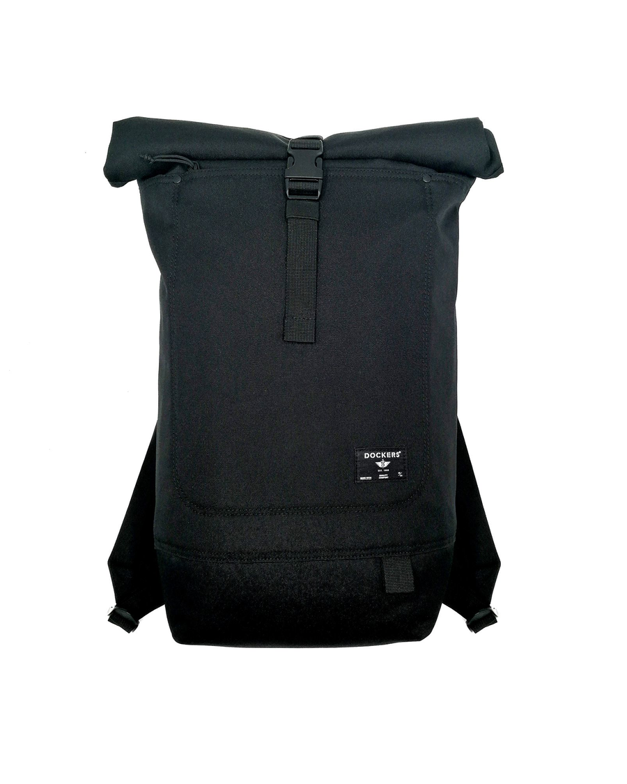 Front view of model wearing Black Roll Up Backpack, 23 L.