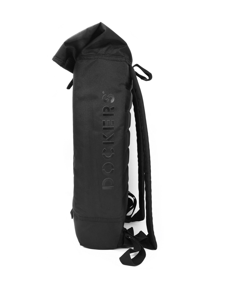 View of model wearing Black Roll Up Backpack, 23L.