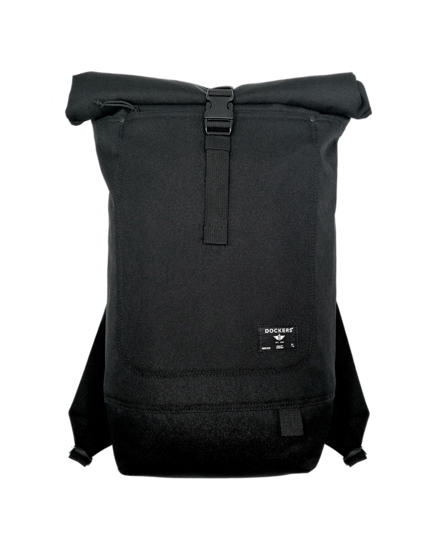 Front view of model wearing Black Roll Up Backpack, 23L.
