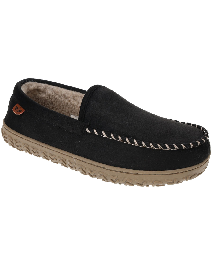 Front view of  Black Rugged Microsuede Moccasin Slippers.
