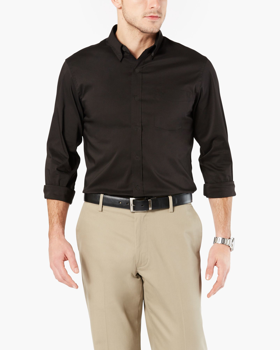 Front view of model wearing Black Signature Comfort Flex Shirt, Classic Fit.