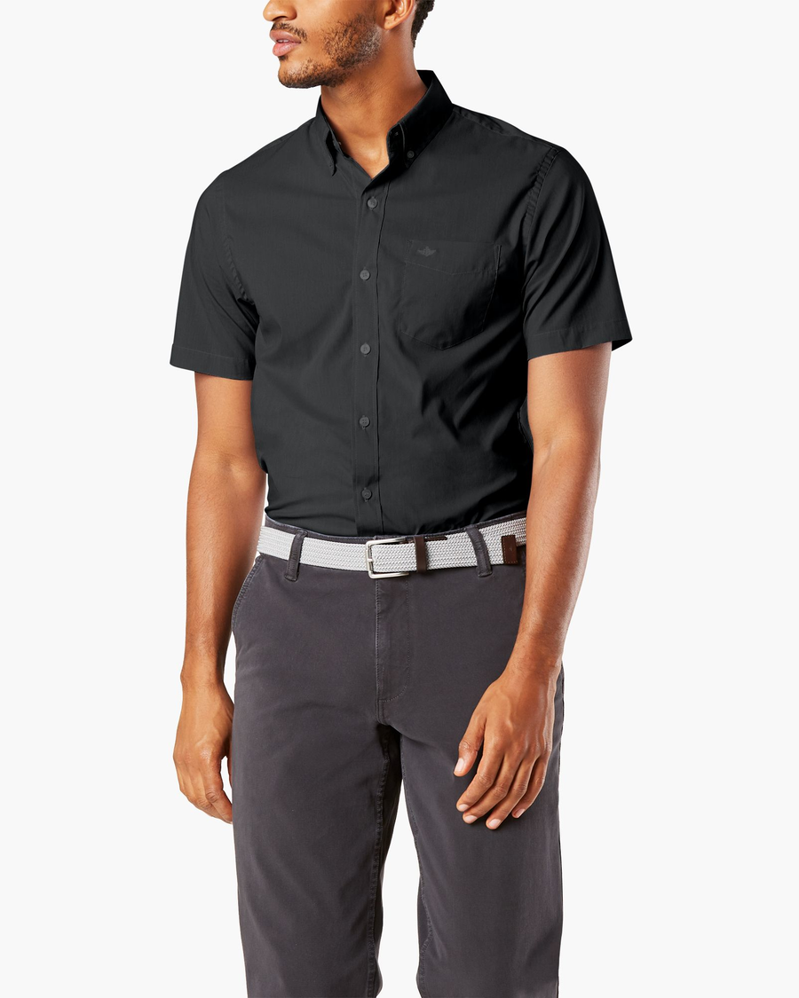Front view of model wearing Black Signature Comfort Flex Shirt, Classic Fit.