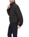 View of model wearing Black Stand Collar Bomber, Regular Fit.