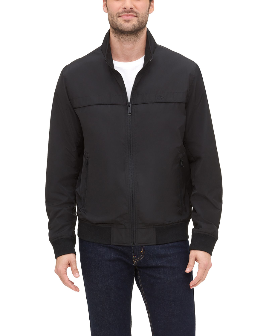 Front view of model wearing Black Stand Collar Bomber, Regular Fit.