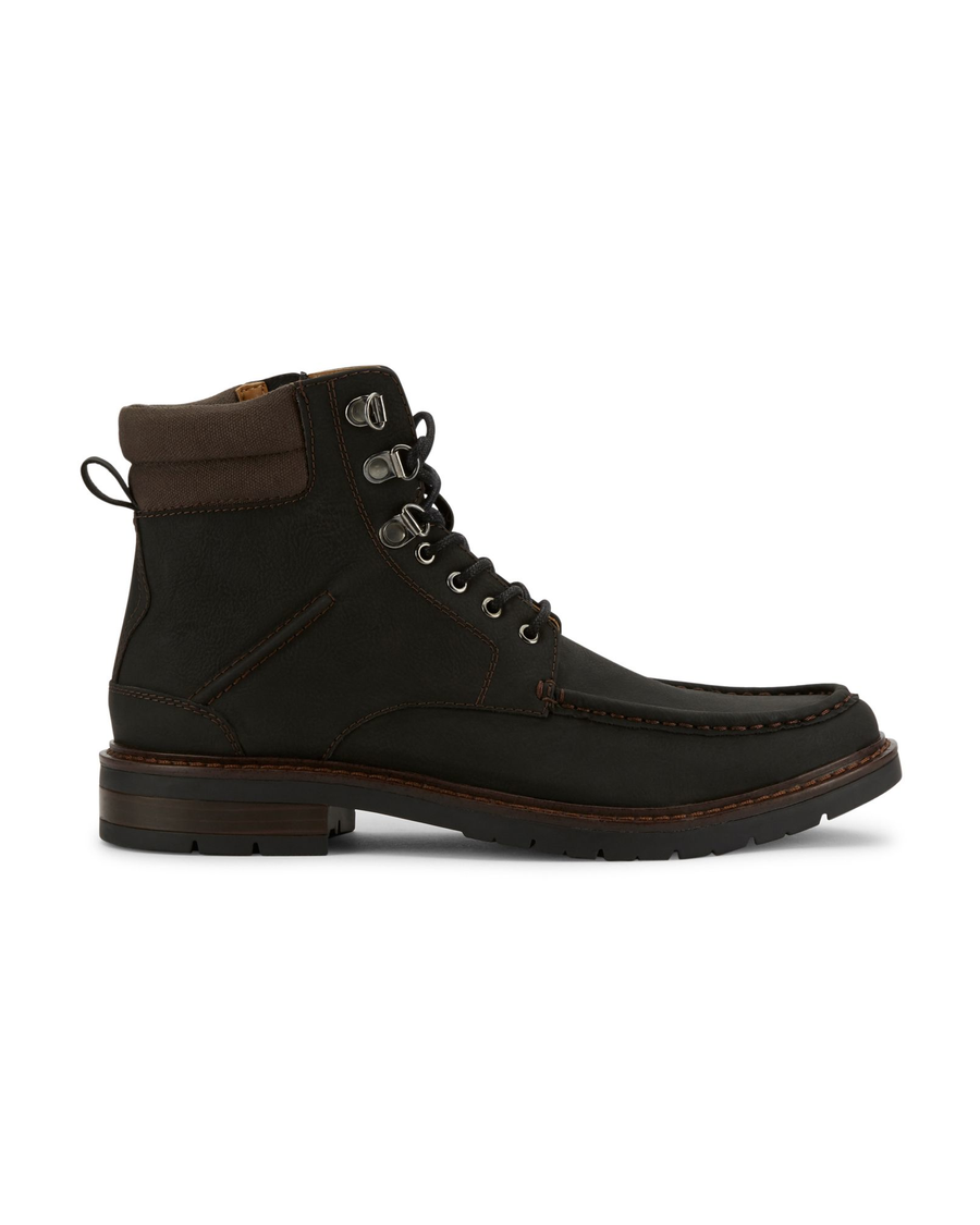 Side view of  Black Sutton Moc Toe Boots.
