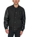 View of model wearing Black Varsity Bomber Jacket.