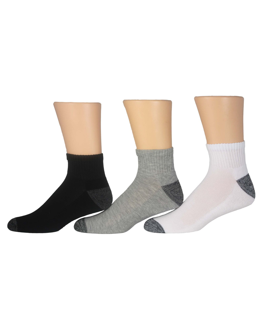 View of  Black / White / Grey 1/2 Cushion Quarter Socks, 3 Pack.