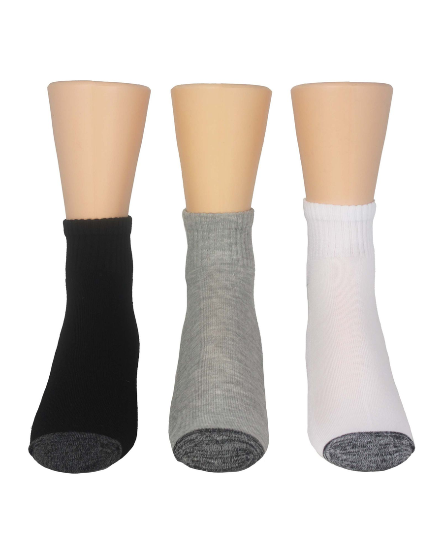 Back view of  Black / White / Grey 1/2 Cushion Quarter Socks, 3 Pack.