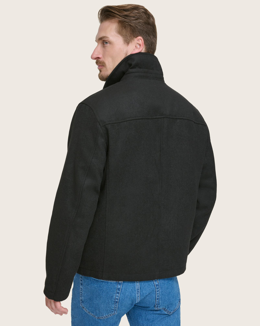 Back view of model wearing Black Wool Blend Shortie w/ Cord Collar.