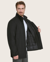 View of model wearing Black Wool Blend Walking Coat w/ Bib.